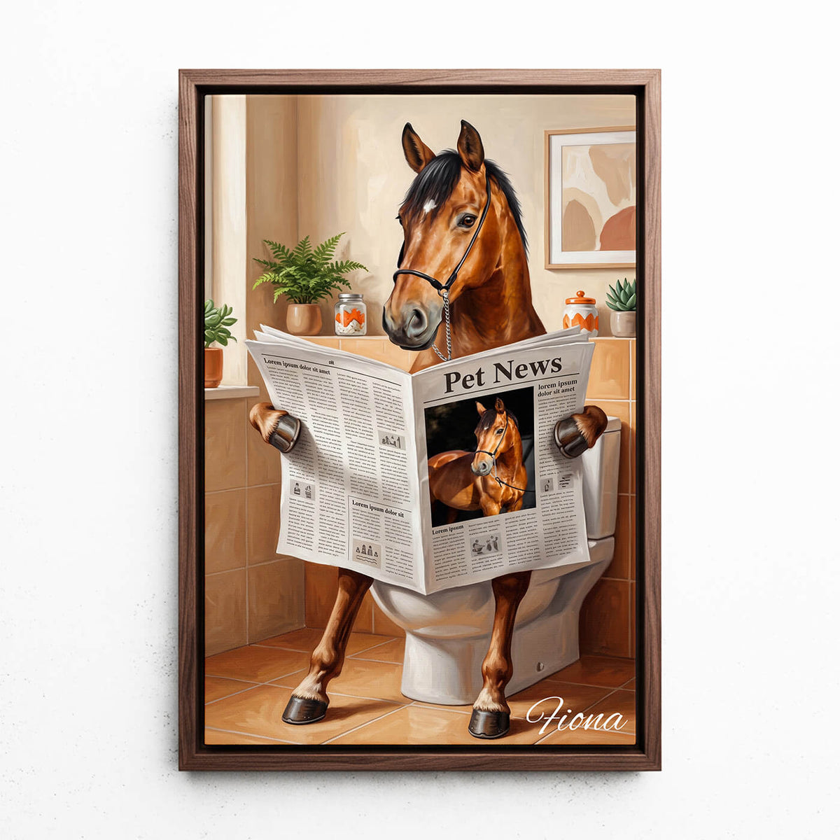Personalised Funny Bathroom Horse Portrait from your photo - canvas with walnut frame