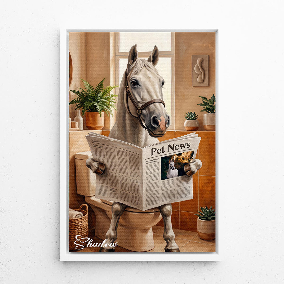 Personalised Funny Bathroom Horse Portrait from your photo - canvas with white frame